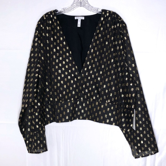 Leith Black V Neck Metallic Gold Cropped Top NWT - Picture 2 of 6